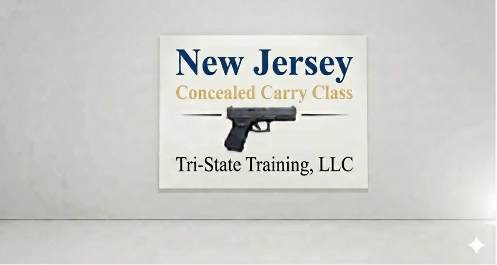 New Jersey Concealed Carry Class graphic featuring a handgun and Tri-State Training, LLC logo