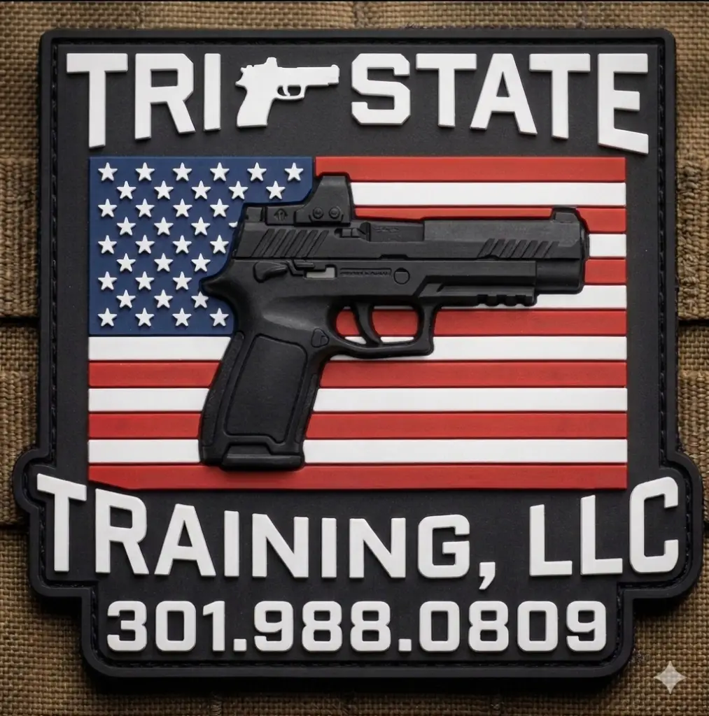 Tri-State Training LLC logo featuring American flag background and handgun graphic